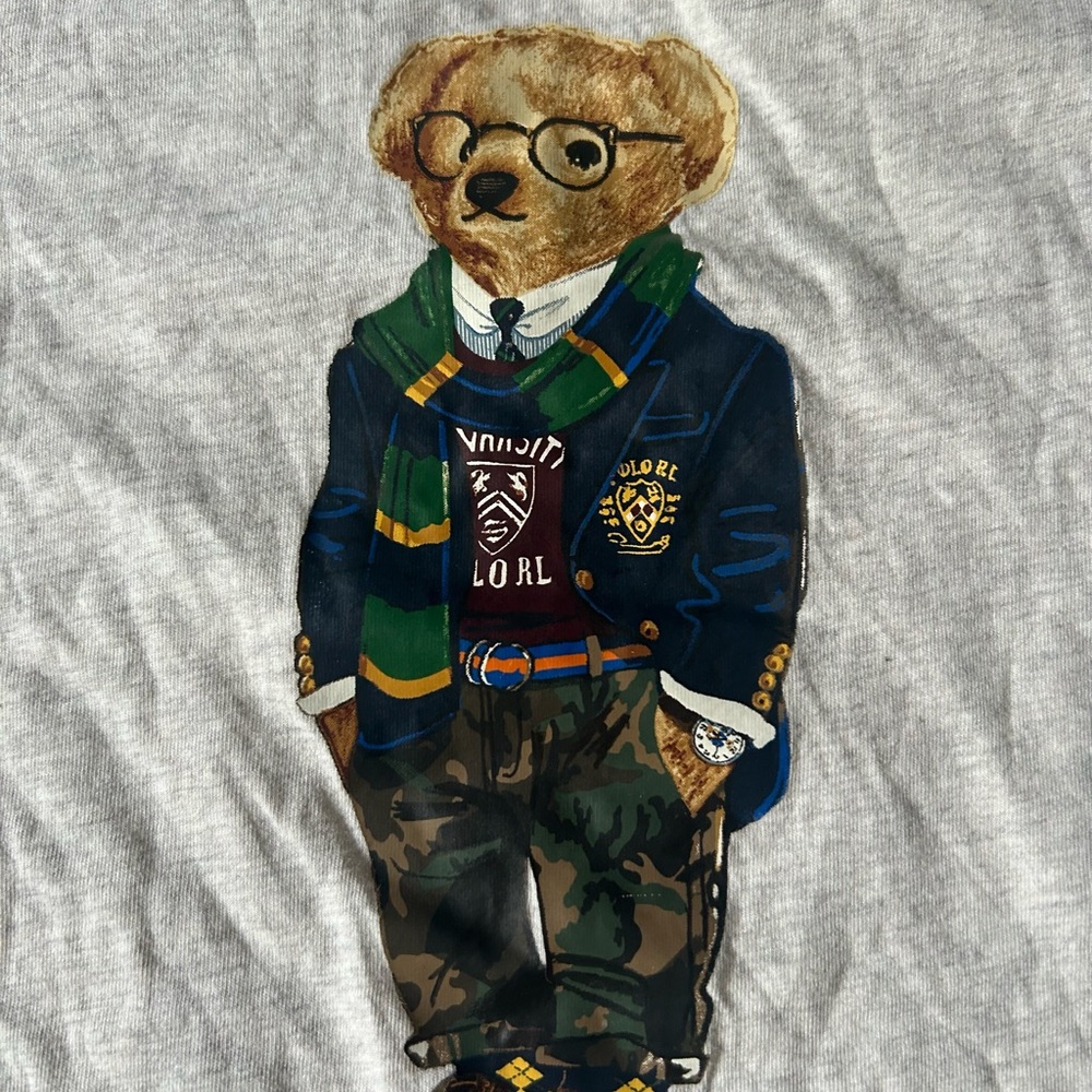 Kid’s Ralph Lauren Polo Bear Graphic T-Shirt in Heathered Oat Size 7 - Picture 2 of 7